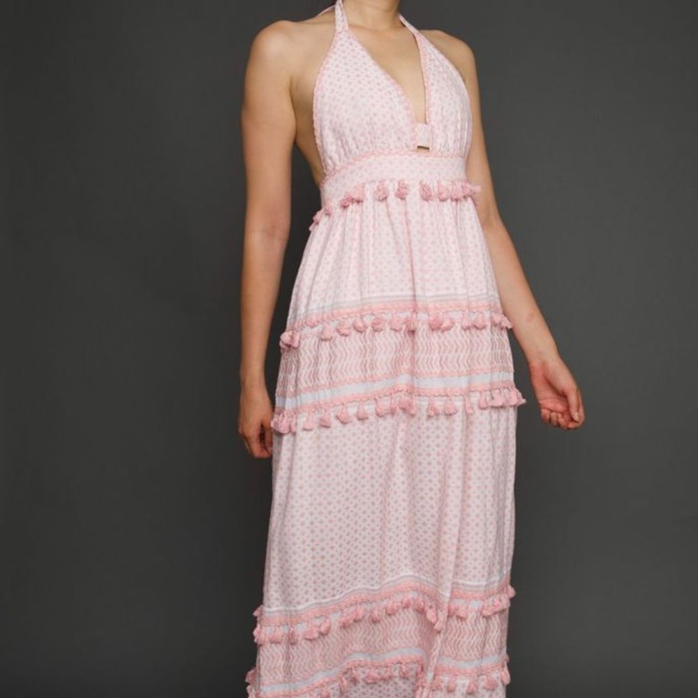 Seed Heritage Pink Tassel Halter Maxi Dress - 100% Cotton - Size 2 / AU 6